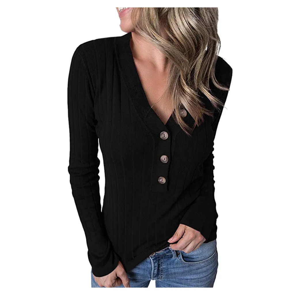 Female Sweaters Femme Tops Women roupas Femininas Solid Color Base Sweater V-Neck Long Sleeve Button Up Ribbed Loose Pullover | Женская