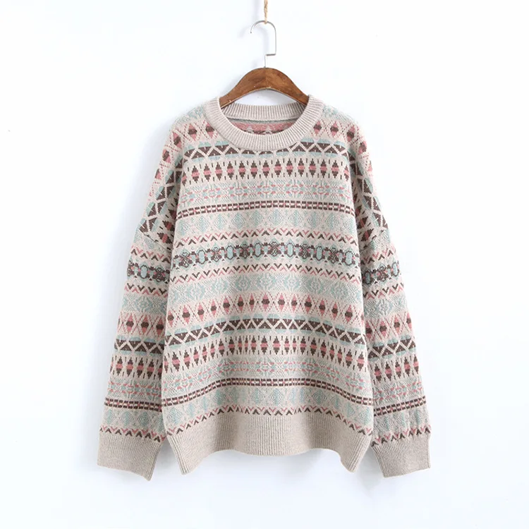2020 Harajuku Women Spring O-Neck Vintage Print Pullover Long Sleeve Sweater Female Knitted Pull Femme | Женская одежда