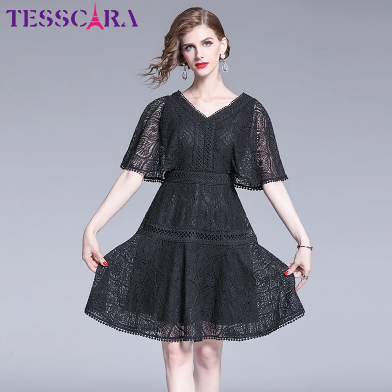 Женское кружевное платье TESSCARA черное с треугольным вырезом для вечеринки на