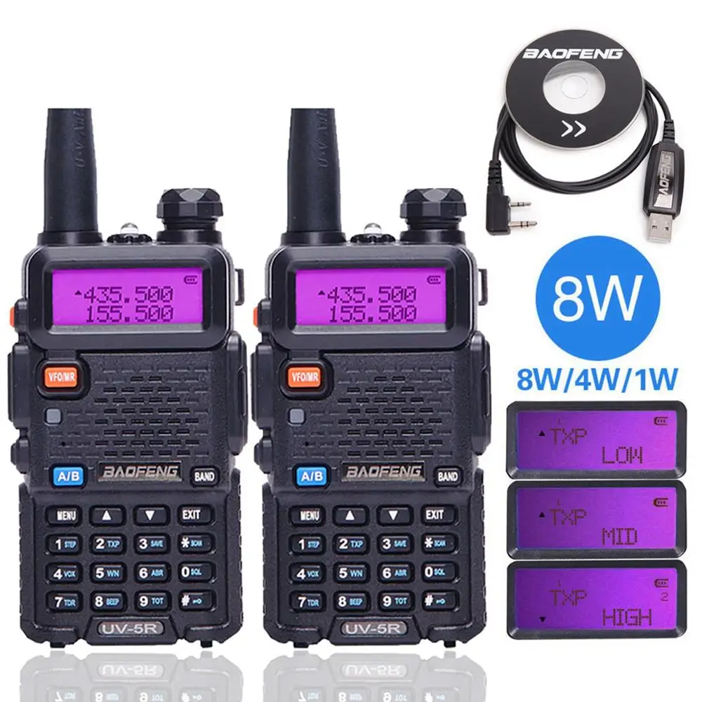 2 шт. Baofeng UV-5R 8 Вт Высокая мощность Full рация дальность 10 км двухстороннее радио двухдиапазонный UV5R портативный Cb Ham hunt радио