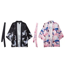 Осеннее женское японское кимоно Haori кардиган с поясом в китайском стиле с принтом журавля тонкая куртка наряды свободные пижамы одежда для сна