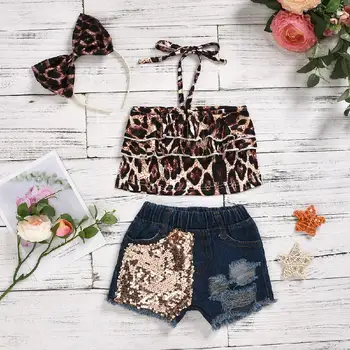 

Kuulee Girls Three-piece Suits of Leopard Print Top+Sequins Jeans Shorts+Hair Clasp Casual Clothing