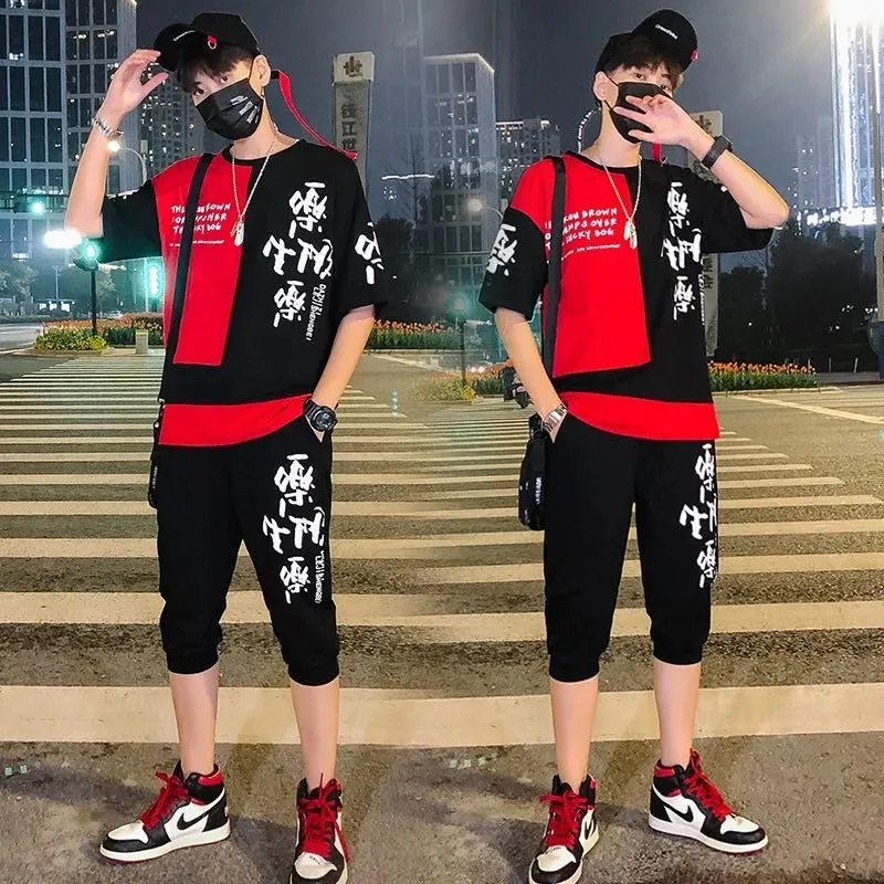 

2020 summer trend beach pants men's shorts sports cropped pants casual suit student handsome matching set