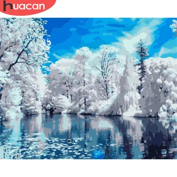 

HUACAN DIY Oil Painting By Numbers Winter Landscape Kits Drawing Canvas HandPainted Pictures By Numbers Tree Home Decor