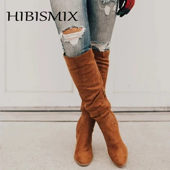 

HIBISMIX Women Knee-High Boots Plus Size Womens Heeled Boot 2019 Autumn Flock Round Toe Booties Shoes Woman 1373
