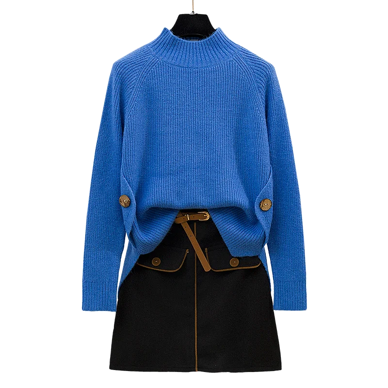 

Knitted Suits Autumn Winter Half A Turtleneck Knitted Pullovers Tweed Cloth Coat Skirts Women 2 Pcs Clothing Set Outfit Knitwear