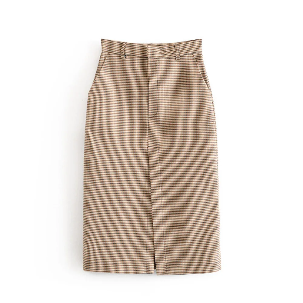 

Za women's early spring 2020 new high waisted hem split straight skirt pocket Plaid straight skirt 03068040707