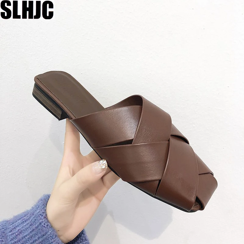 

SLHJC Women Summer Leather Knitted Slippers Low Square Heel Square Toe Sandals Outside Slides Beach Sand Drags Shoes