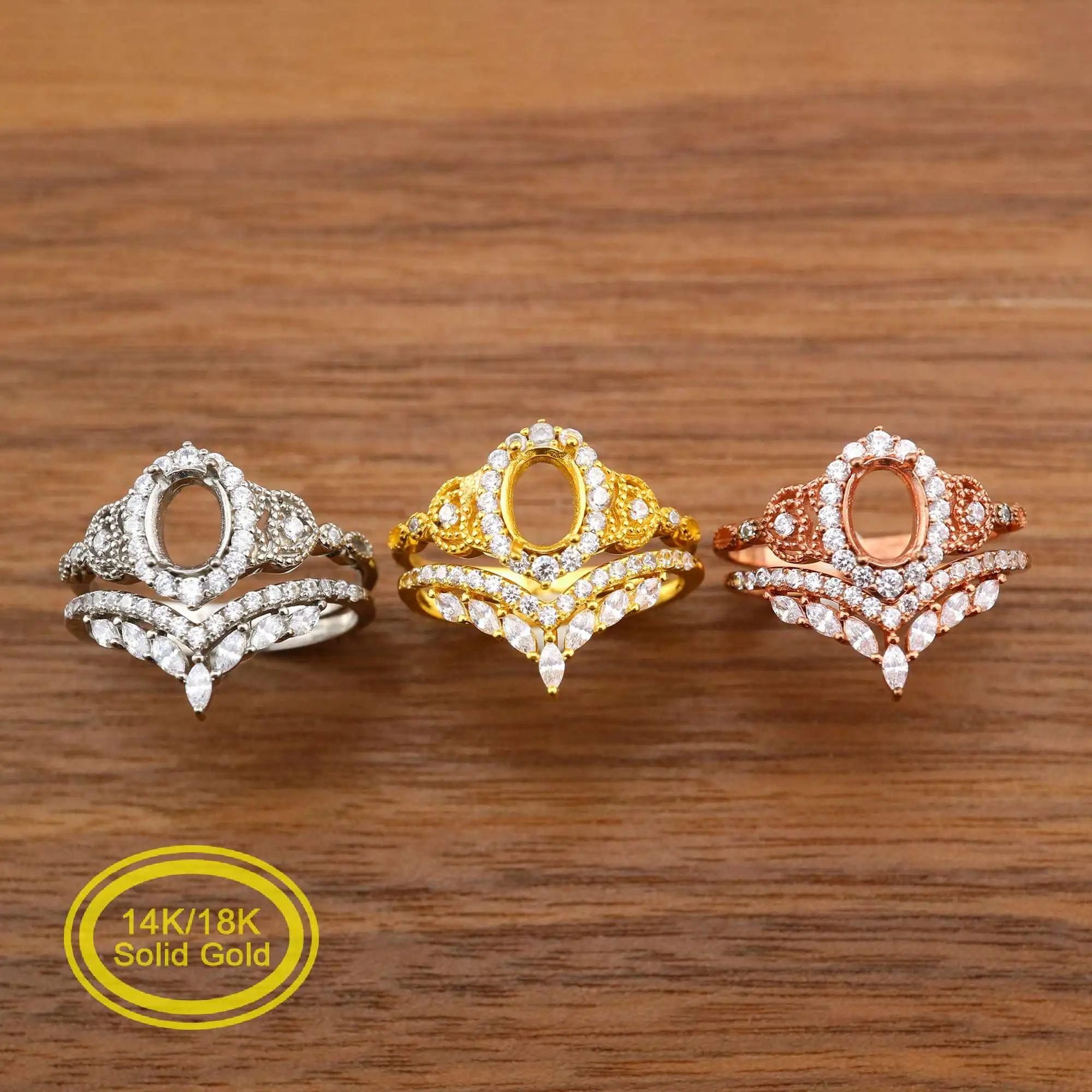 

Oval Prong Ring Settings Stackable Bridal Sets Solid 14K/18K Rose White Gold with Moissanite Accents DIY Bezel Tray 1224064