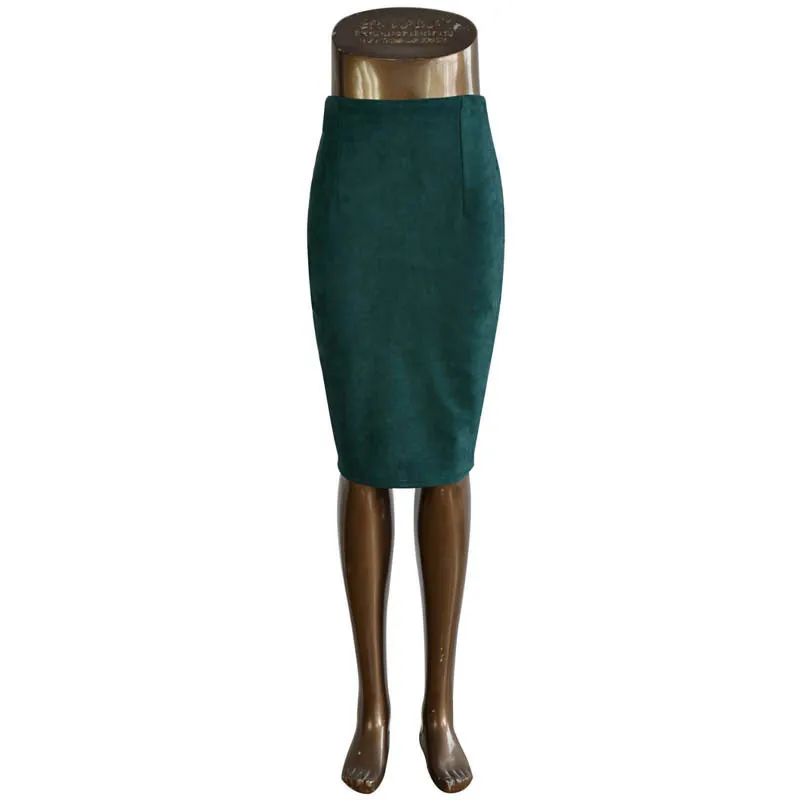 Женская Однотонная юбка-карандаш из искусственной замши, весенне-осенняя юбка-карандаш с завышенной талией, Облегающие юбки, элегантная Толстая эластичная юбка миди с разрезом - Цвет: XY01Dark green