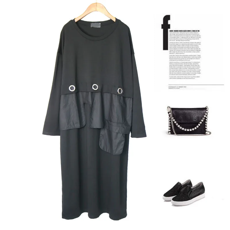 

9843 European Goods Large Version of Loose-Fit Crew Neck Joint Simple Fashion Big Brand Mid-length Solid Color Dress Autumn And