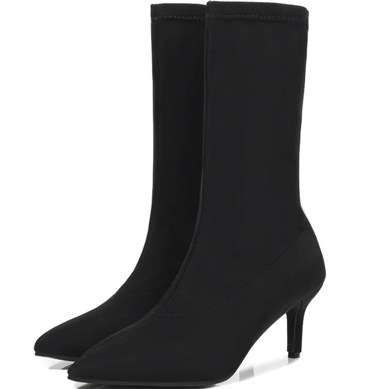 Platform Boots Women Boots Candy Color Stretch Fabric Slip On Boots Women Pointed Toe Autumn Winter Pumps Botas Female Heels Party Shoes Size 35-42 WSH4200