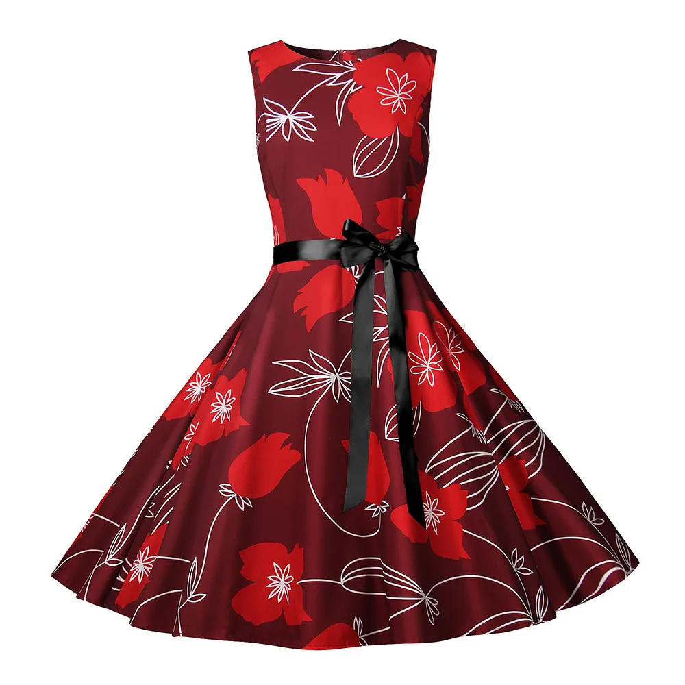

Cross Border Supply of Goods Europe And America Digital Printing Sleeveless Dress Elegant Waist Hugging Big Skirt Wine Formal Dr