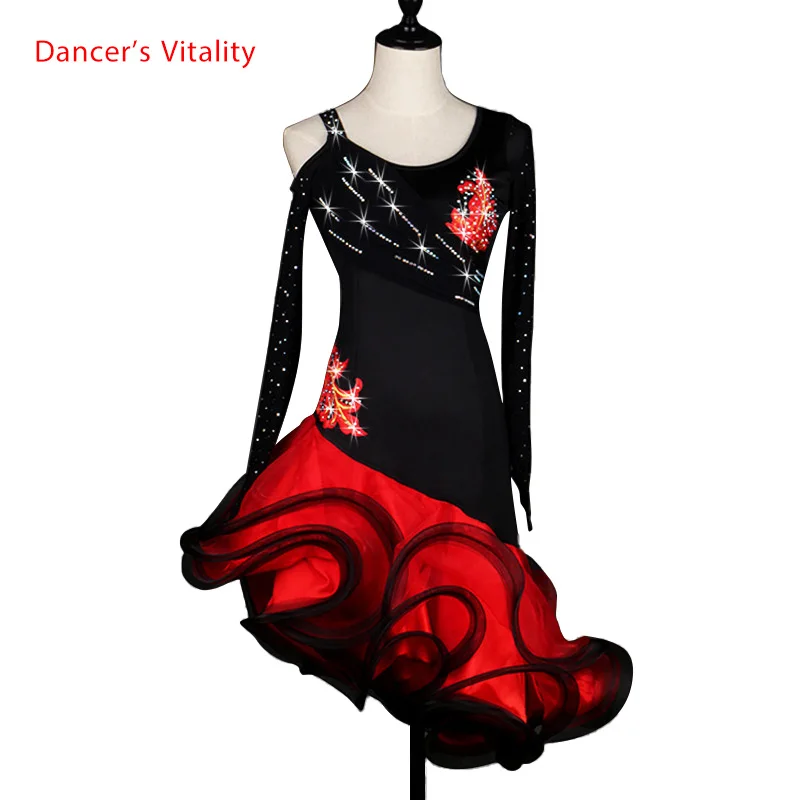 Женская одежда для латинских танцев, роскошные камни с длинным рукавом, платье для латинских танцев для девочек, платья для латинских танцев, женское платье для выступлений, XS-6XL