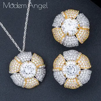 

ModemAngel luxury Delicate Flower 2PCS NECKLACE EARRING Jewelry Sets For Women Wedding Indian Dubai Bridal Jewelry Sets