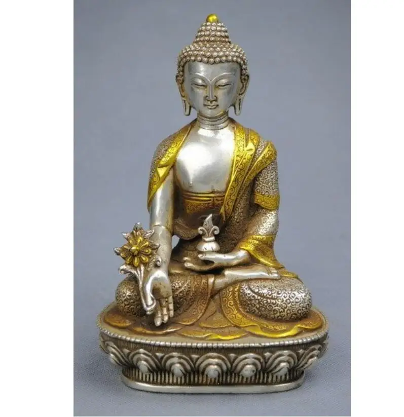 

Excellent 21CM 18TH C TIBET SILVER STATUE OF MEDICINE BUDDHA 100% fast shipping copper tools wedding Decoration Brass Bronze