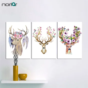 

Watercolor Retro Ancient Animal Deer Skull With Flowers And Bird Art Print Canvas Wall Painting Home Decor Picture No frame