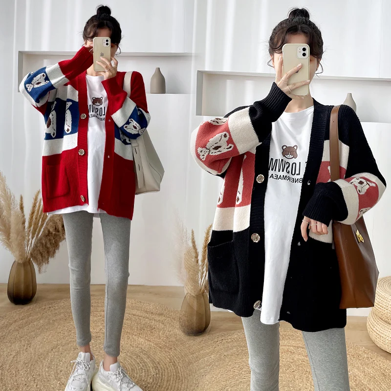 5865# Autumn Winter Korean Fashion Thicken Warm Knitted Maternity Cardigan Loose Chic Ins Sweaters for Pregnant Women Pregnancy