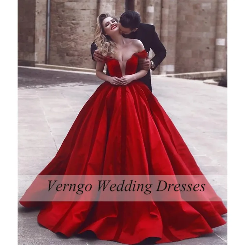 

Verngo High Quality Red Satin Formal Evening Dress 2020 Off Shoulder Velour Top Prom Dress Dubai Arabic Long Dress Party Gown
