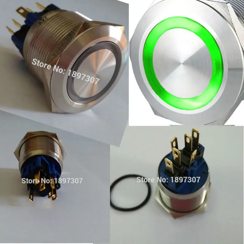 

(20 pieces/lot) 22mm Momentary 1NO1NC Anti-Vandal Metal Pushbuttons Switch With 6 Pin Green Ring Illumination