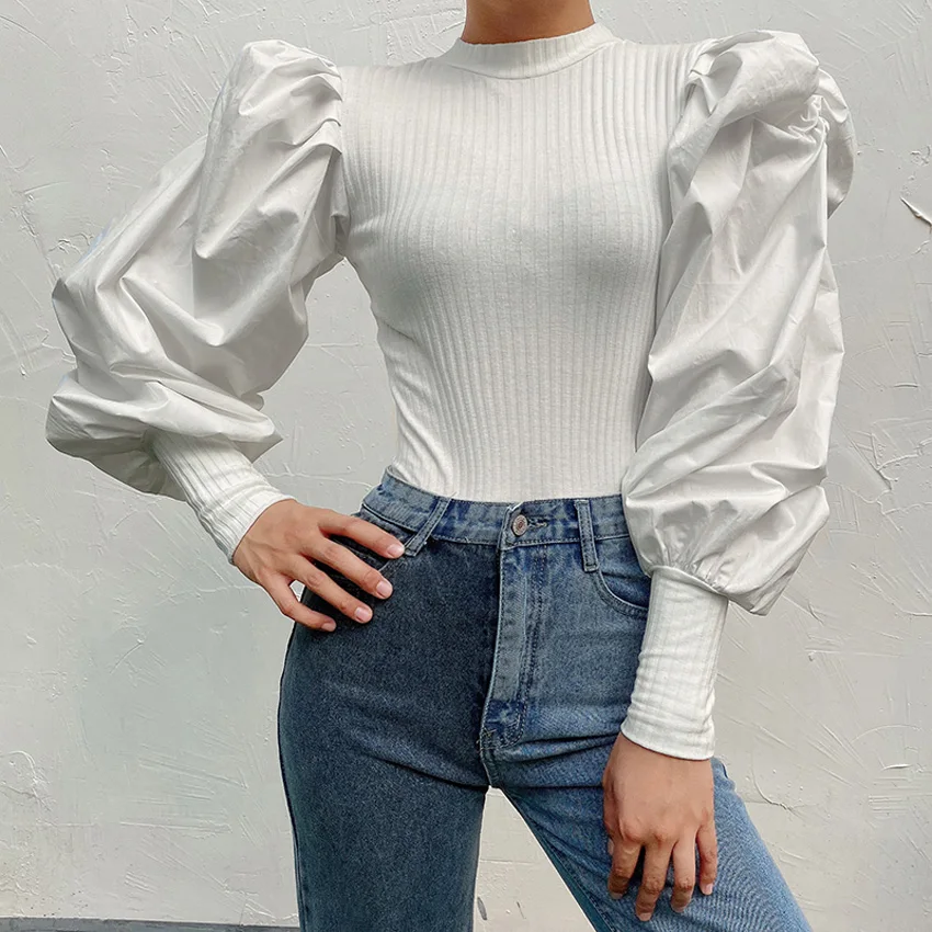 TIESOME Lantern Sleeve Top Women Solid Blouse 2020 Summer Autumn Sexy Slim Crop Top Female High Street Blouse Office Lady Top