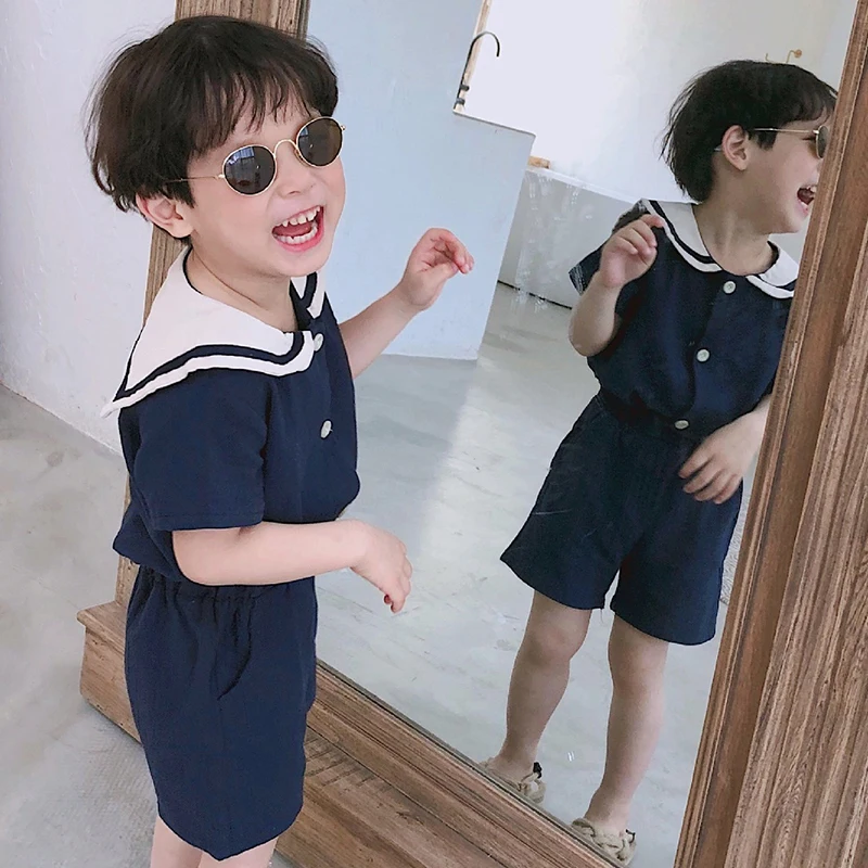 Kids Clothing Set Summer Korean Style Kids Sailor Collar Cotton Linen 2Pcs Suits Short Sleeve T Shirt + Shorts