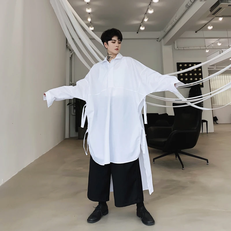 

MIXCUBIC 2019 Autumn College style unique Side Lace design shirts men casual loose retro Asymmetric length shirts
