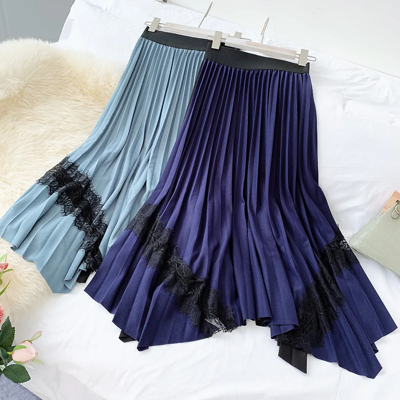 AcFirst/осенне-зимняя фиолетовая Синяя Женская юбка трапециевидной формы длиной до щиколотки, кружевная одежда, сексуальные длинные юбки в стиле ампир, большие размеры, плиссированные