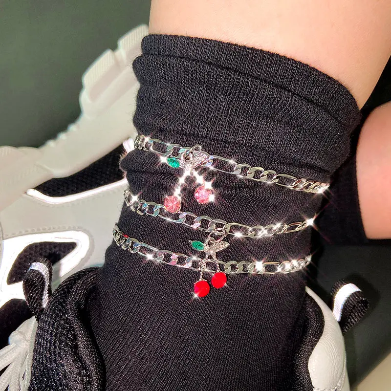 Flatfoosie 2Pcs/Set Retro Punk Silver Color Anklet Multicolor Cherry Crystal Anklet Teen Girls Summer Barefoot Beach Jewelry