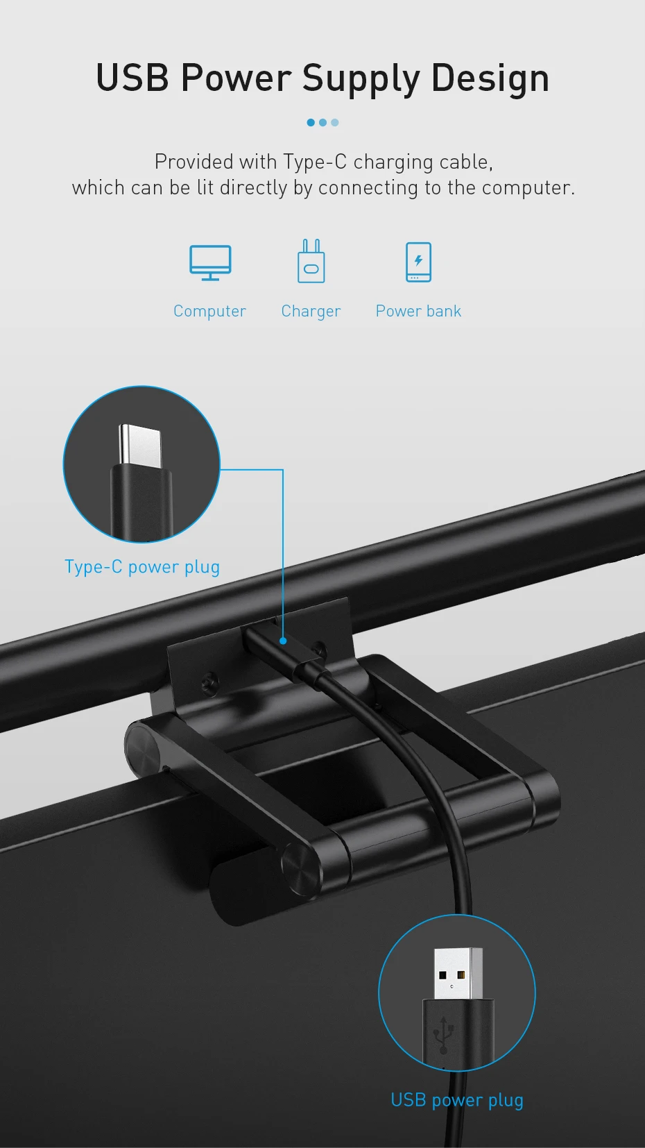 Baseus USB светильник для ПК Защита глаз светодиодный подвесной светильник на экран компьютерный Перезаряжаемый USB светильник регулируемый ночной Светильник