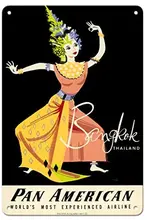Bangkok tajlandia-Pan American World Airways-tajska kobieta klasyczna tancerka-linia lotnicza Aaron Amspoker c 1950s metalowy znak blaszany tanie tanio CN (pochodzenie) Nowoczesne cyna
