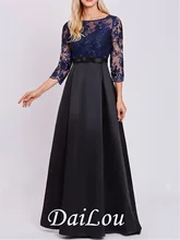 A-Line Mother of the Bride Dress Elegant Jewel Neck Floor Length Lace Satin 3/4 Length Sleeve with Sash/Ribbon Pleats Appliques