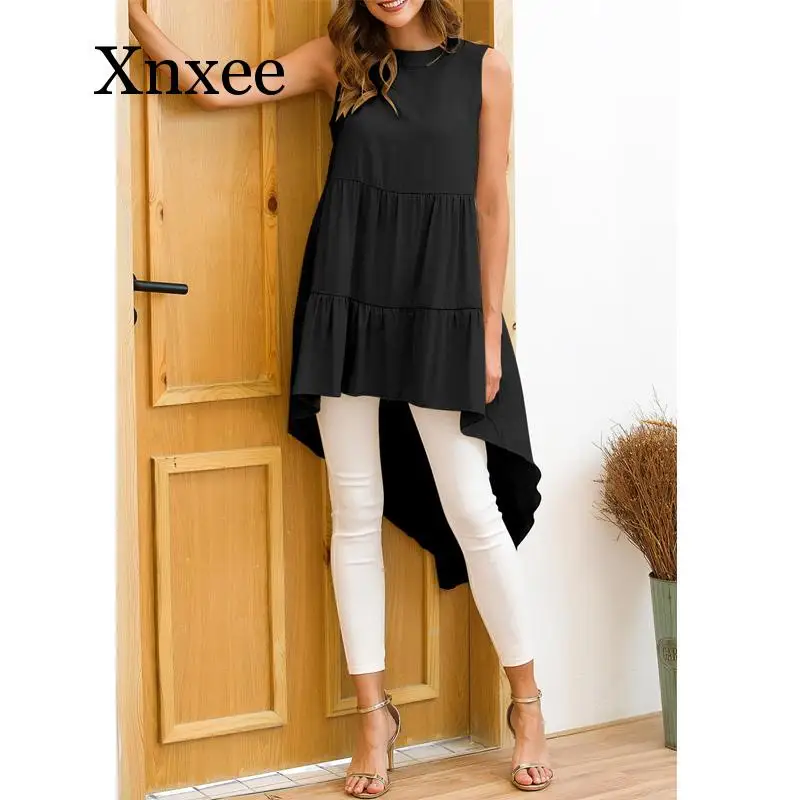 

Women Summer Blouse Asymmetrical Tops Patchwork Short Front Long Back Sleeveless Loose Womens Blouses Bohemian Female Blouse