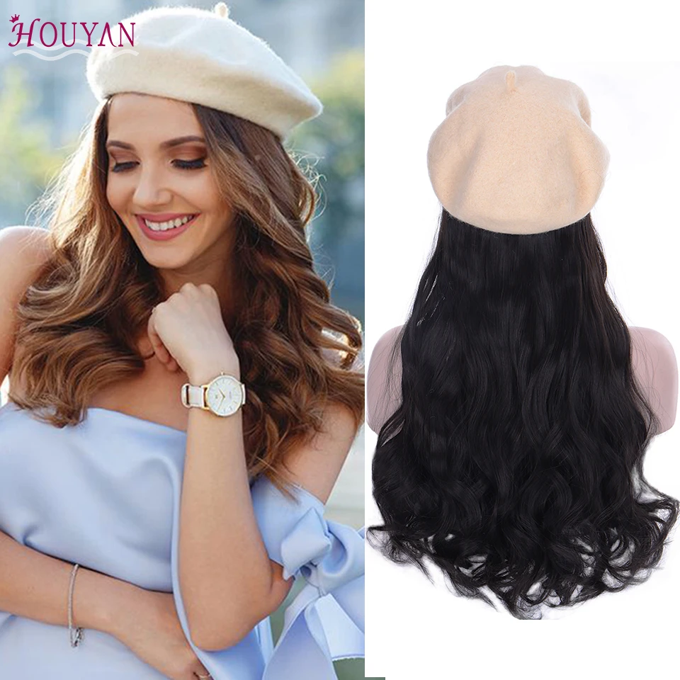 

HOUYAN Synthetic wig with black beret retro vintage beret lady wig high temperature fiber black wig