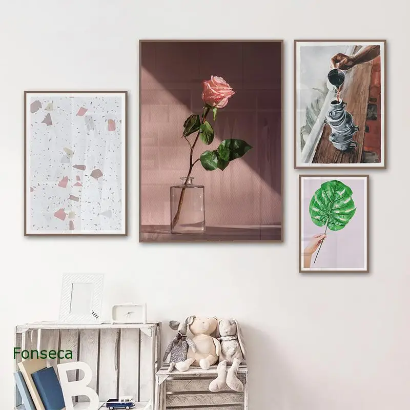 

Настенные картины в скандинавском стиле, модульные настенные картины с изображением роз, кофейных листьев, HD Печать на холсте, современный минималистичный плакат, домашний декор