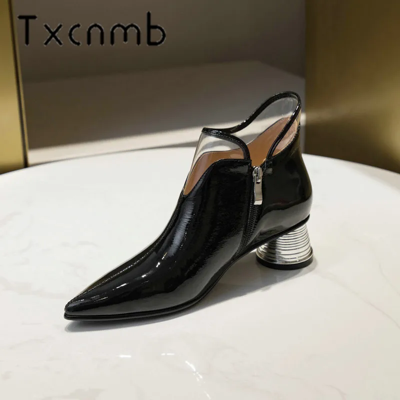 

TXCNMB 2019 Brand Cow Patent Leather Boots Women Ankle Boots Pointed Toe Strange Heels Short Boots Night Club Shoes Woman