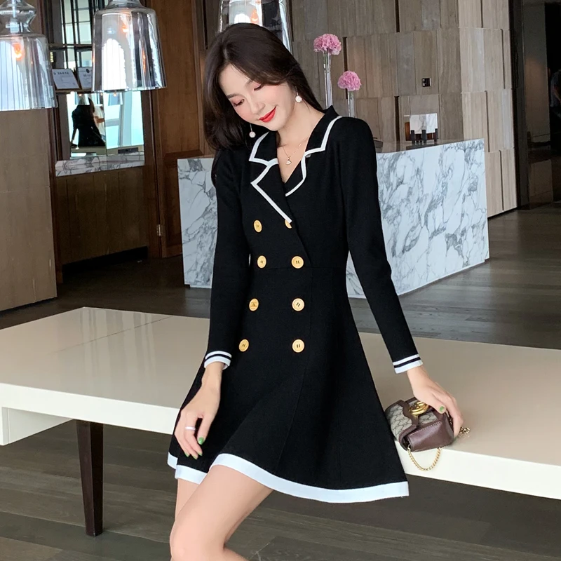

2019 Autumn Winter Sweater Dress Women Double-breasted A-Line Knitting Dress Thick Warm Office Ladies Dress Plus Size Vestido