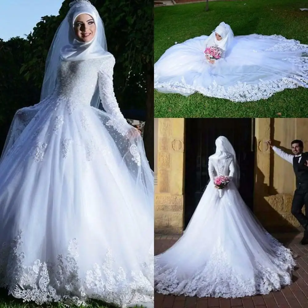 

Muslim White Long Sleeve Wedding Dress Pearl Beads Lace Bridal Wedding Ball Gown