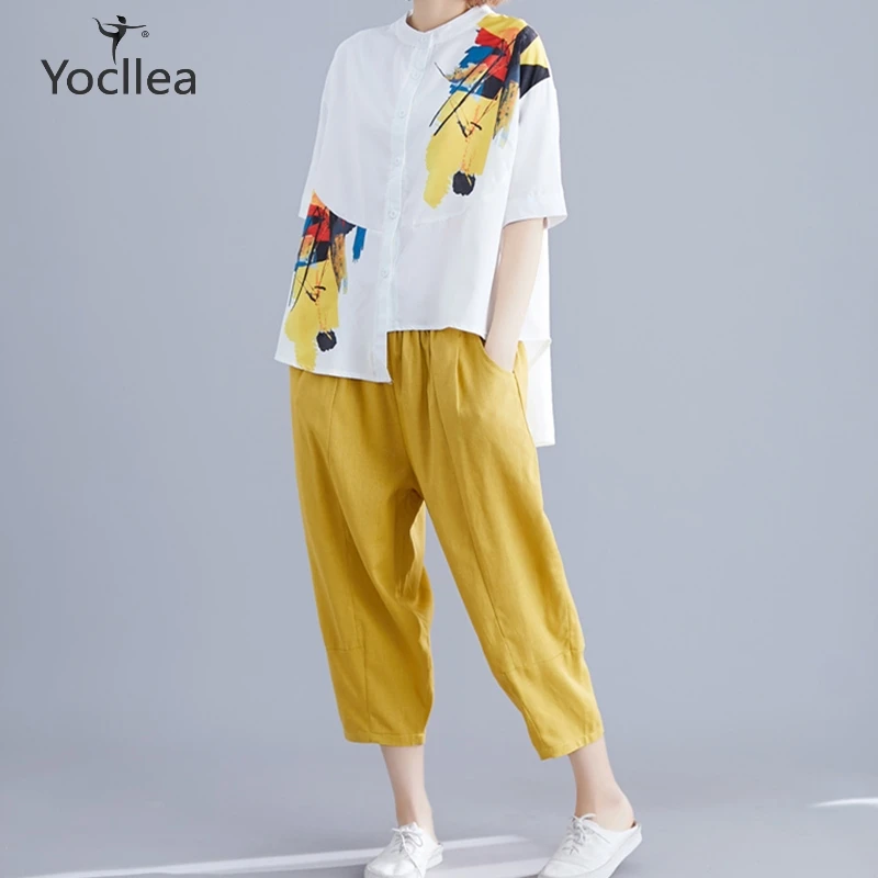 

New 2pcs Summer women's clothing Women Two Piece set female Print Casual blouses Tops+Solid Elastic waist Harem Pants Suits