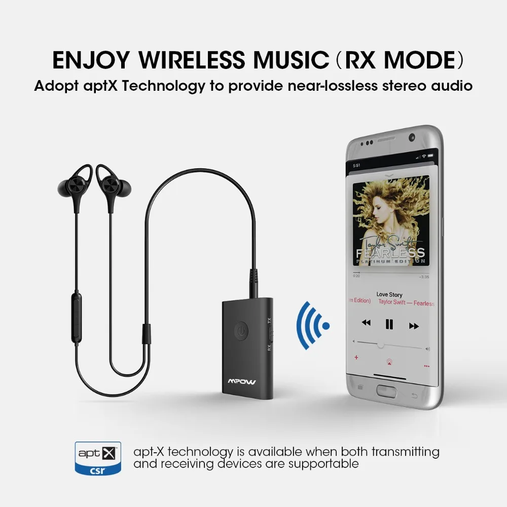 Mpow Bluetooth Receiver Transmitter 2-in-1 Wireless 3.5mm Aux APTX Wireless Adapter Transmitter For TVHomePCCarHeadphones (2)