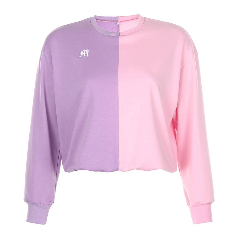 

hunter-wish Women Patchwork Pink Purple Crewneck Sweatshirt Long Sleeve Crop Party Fashion Embroidery Pullover Fall