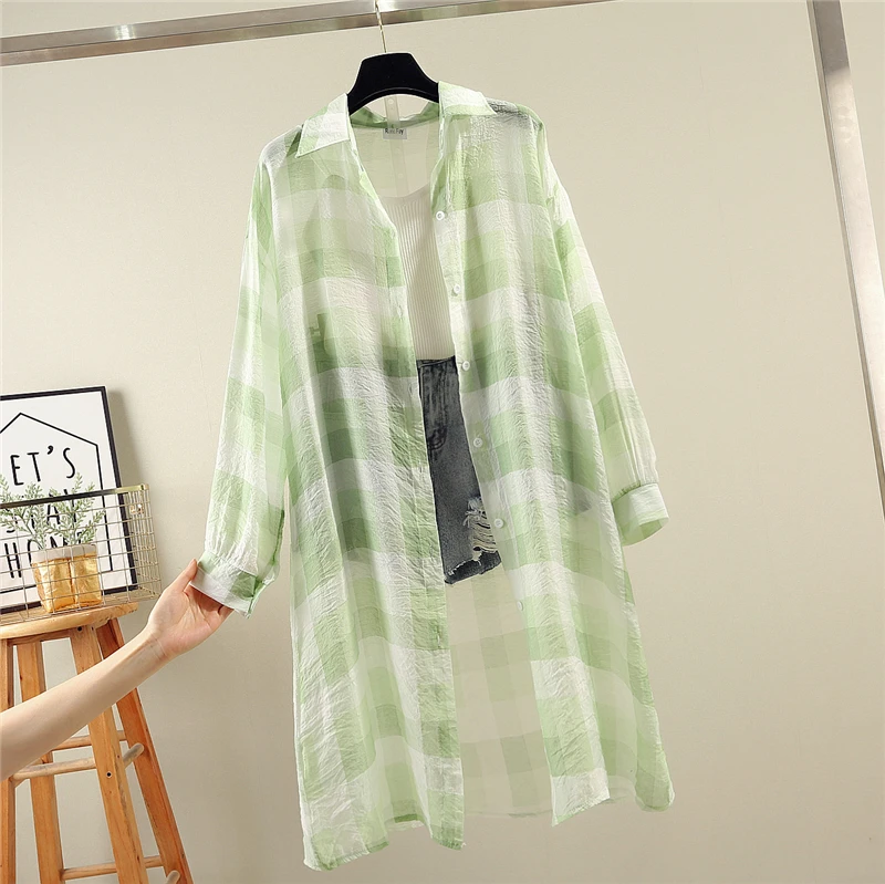 2019 Summer New Women Casual Medium length fund Multi color Shirts Loose Long Sleeve Plaid Shirt Thin coat