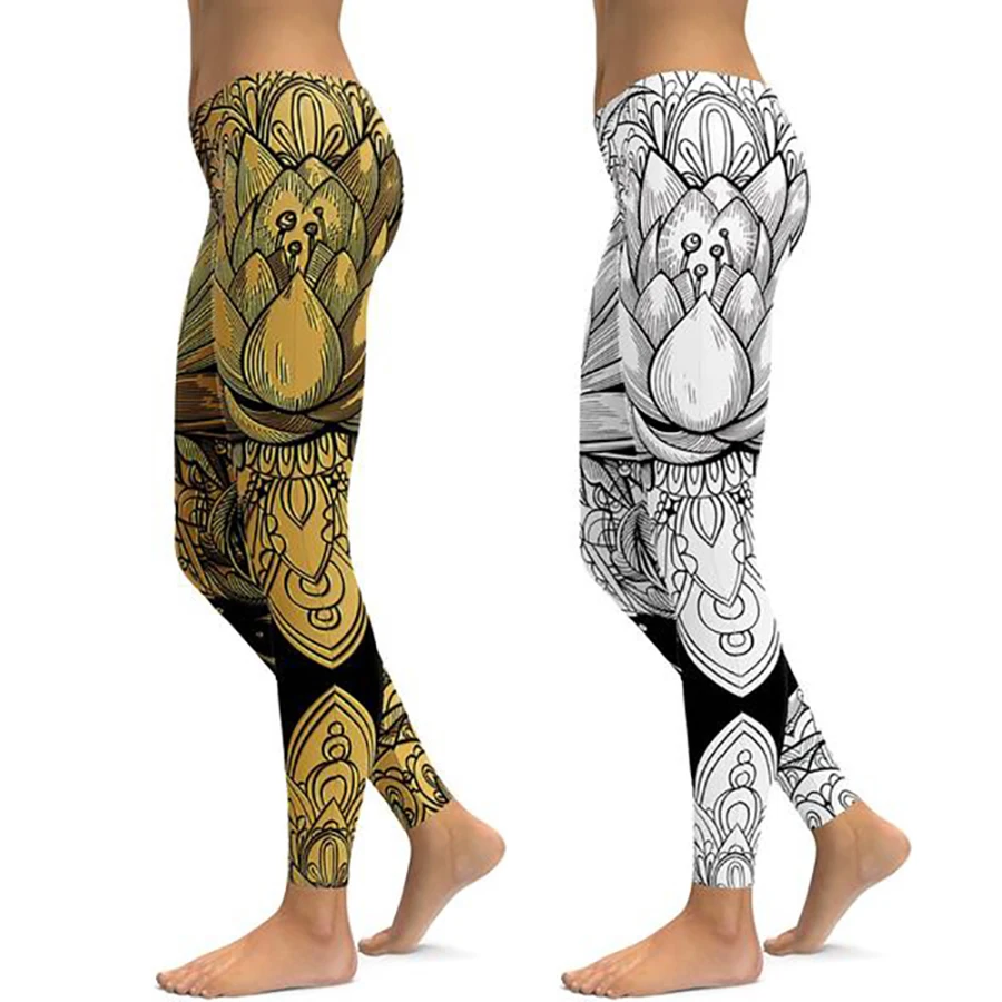 

Lotus Print Women Fitness Leggings Workout High Waist Sports Running Leggings Sexy Push Up Gym Wear Elastic Slim Pants