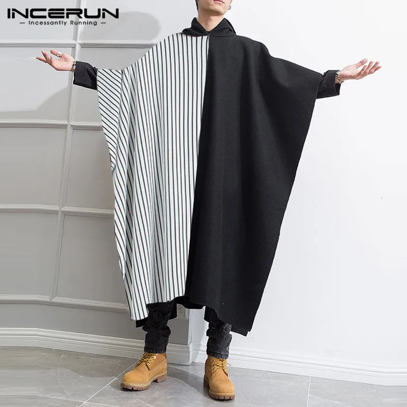 Trenca de retales a rayas con capas de capa para hombre, Poncho suelto holgado, ropa larga, ropa de calle de talla grande