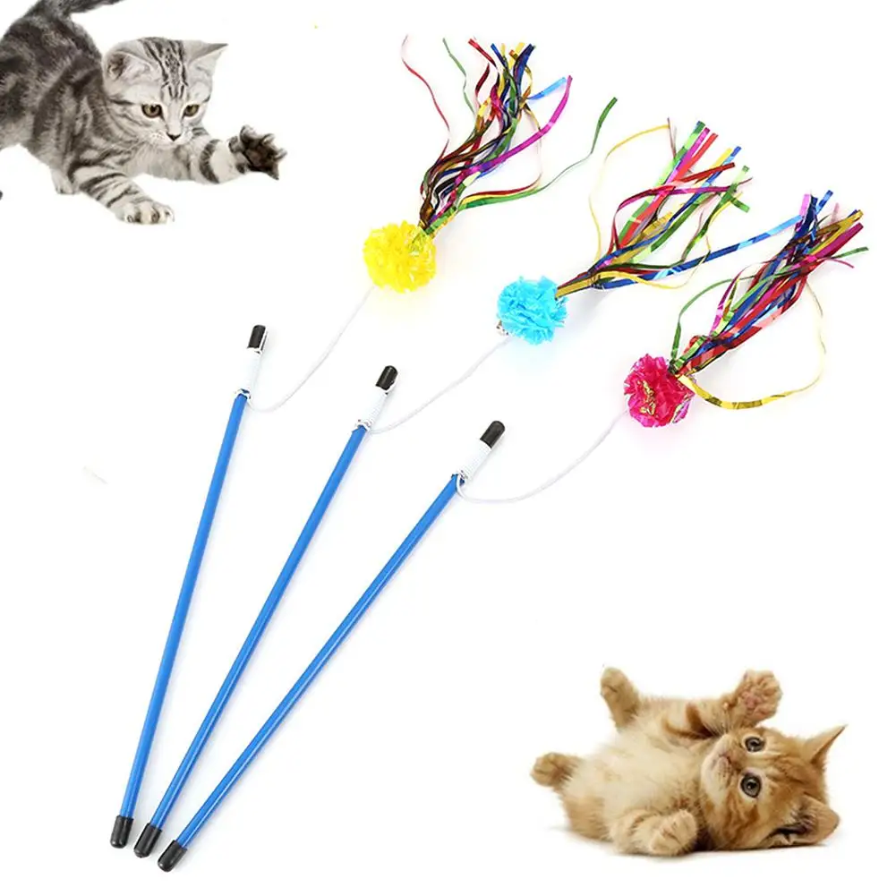 

Kitten Cat Pet Paper Ball Tassel Teaser Wand Stick Rod Interactive Catcher Toy