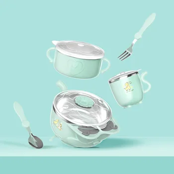 

304 Stainless Steel Children's Cutlery Set Baby Feeding Bowl Spoon Set Anti-fall Thermos for Food with Containers Baby Snack Cup