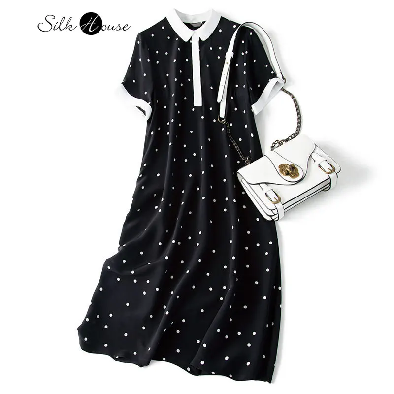

2020 Autumn New Fashion Casual Temperament Polo Collar Medium-Length Dress Slim Slimming Polka Dot Silk Dress Female