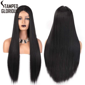 

Stamped Glorious Long Black Wig Straight Hair Wigs for Black Women Synthetic Middle Part Wig 30 Inches Natural Hair Wigs