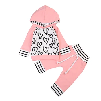 

2020 New Spring Kids Baby Girls Love pattern Hooded Tops+Pants Outfits Set 2pcs suit baby girls clothes newborn 0-3Y