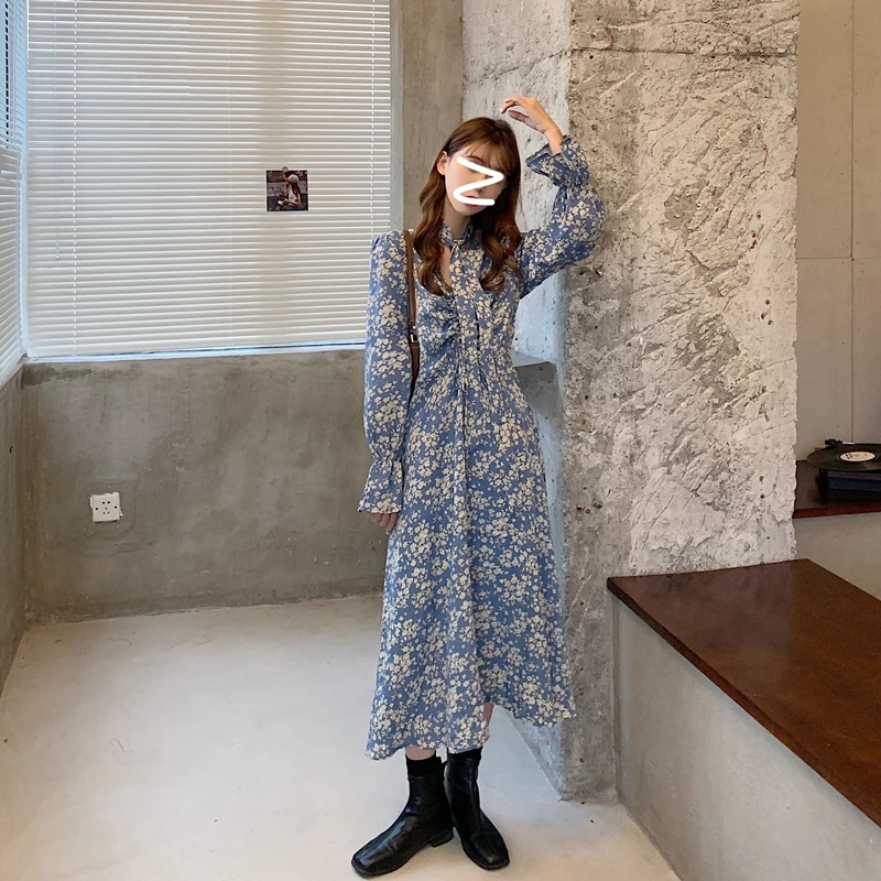 2020 New Autumn Female Chiffon Long Dress Women Long Sleeve Holiday Boho Beach Dress Vintage Floral Print Party Vestidos Robe